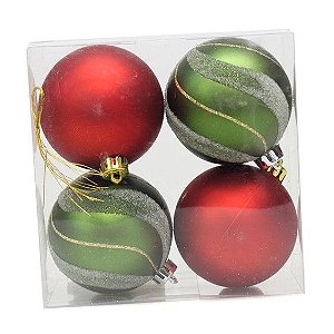 Jogo de 4 Bolas de Natal 7cm - Vermelho e Verde