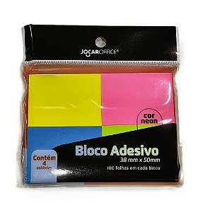 Bloco Adesivo Colorido Neon 38mm x 50mm com 4 Blocos de 100 folhas cada - JOCAR OFFICE