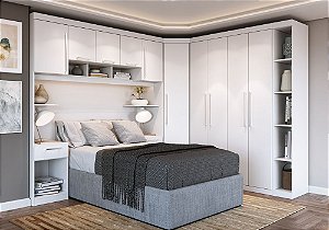 Quarto modulado Everest casal de canto. 2,85m x 2,31m x 45cm x 2,18m altura. Dez portas e cinco gavetas .