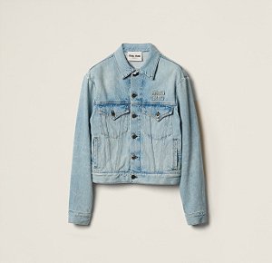 Miu Miu Jaqueta Denim Embroidered Logo Azul