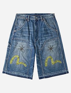Evisu Bermuda Cargo Heavy Washed studded Indigo