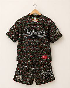 Supreme Set Camiseta Jersey e Bermuda Floral Jacquard Preta