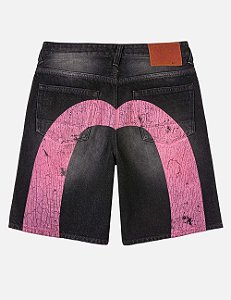 Evisu Bermuda Daicock Denim Preto e Rosa
