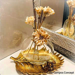 Difusor de Aromas em Vidro Redondo Transparente Decorado com Flor Champagne e Pérolas