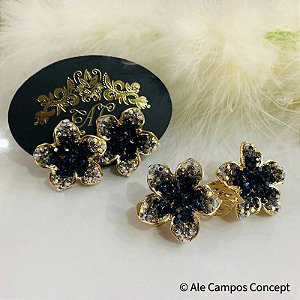 Conjunto de Brincos e Prendedor de Cabelos Flor Azul e Dourado