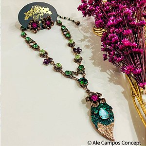 Conjunto Cobre Cravejado com Cristais Coloridos e Folha Estilizada