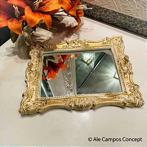 Bandeja Decorativa Retangular Dourada com Espelho