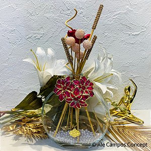 Difusor de Aromas em Vidro Redondo Decorado com Flores Rosa e Dourado e Varetas Luxuosas