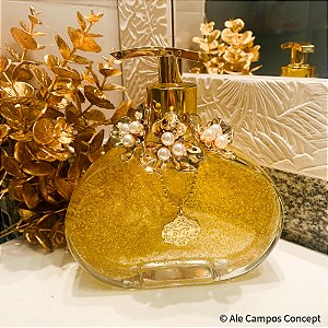 Sabonete Líquido em Vidro Luxuoso Arredondado Trabalhado com Flores Douradas com Detalhes em Pérolas e Strass