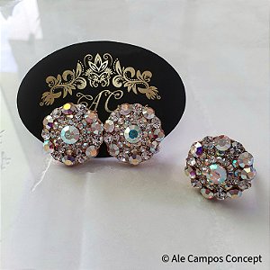 Conjunto de Brincos e Anel Regulável Cravejados com Strass