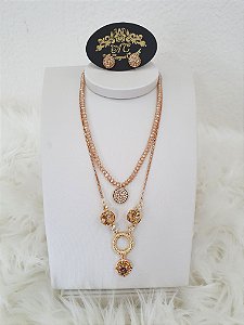 Conjunto Dourado Delicado com Cristais Rosa e Marrom
