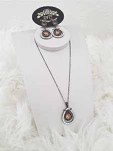 Conjunto Colar e Brincos Banho Grafite, Cravejados com Cristais Hematita e Pedras Cristal Peach