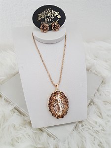Conjunto Nossa Senhora com Cristais e Strass em Tons de Caramelo
