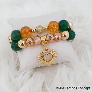 Pulseira Folheada com Cristais e Pingente Coração