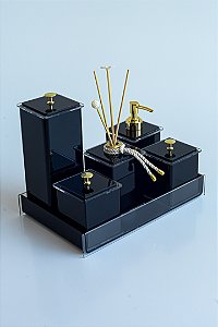 Kit Banheiro Em Acrílico - 6 Peças Preto Liso com Dourado