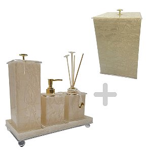 Kit 5 peças com lixeira - Bege Pérola com Dourado