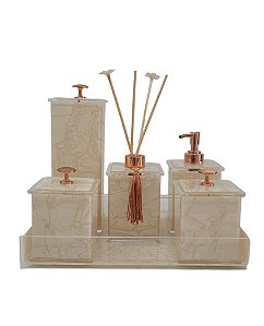 Kit 7 peças com lixeira - Bege Pérola com Rose