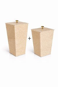 Kit Lixeira e Papeleira em Acrílico Bege Pérola com Detalhes Dourados