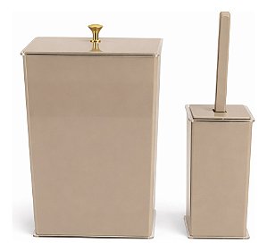 Jogo Lixeira 6 Lts e Escova Sanitária Em Acrílico - Fendi com Dourado