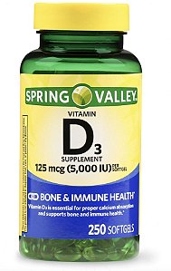 D3 125mcg, 5,000iu - Vitamina Spring Valley - 250 Softgels