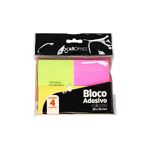 BLOCO ADESIVO COLORIDO NEON C/ 4 BLOCOS 100 FOLHAS CADA