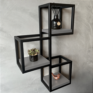 Suporte 3 Nichos Industrial De Parede Ferro E MDF Cinza Urban