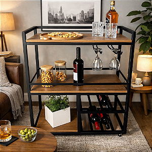 Carrinho Aparador Adega de Sala em Ferro e MDF Freijó com Rodas