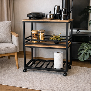 Carrinho Gourmet Auxiliar em Ferro e MDF Freijó com Rodas