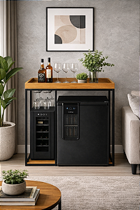 Aparador Bar Adega Frigobar 88cm Estilo Industrial Gourmet Preto - Ferreira Metal