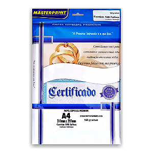 PAPEL ESPECIAL PREMIUM COUCHE SEMI BRILHO A4 160G 100 FOLHAS MASTERPRINT