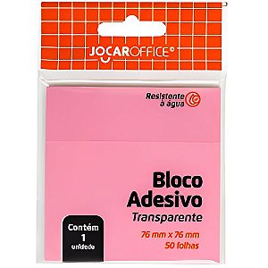 BLOCO ADESIVO TRANSPARENTE ROSA 76x76 MM 50 FOLHAS JOCAR OFFICE