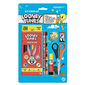 KIT ESCOLAR LAPIS 12 CORES/2 LAPIS PRETO/APONTADOR/BORRACHA/COLA BASTÃO/TESOURA LOONEY TUNES LEO E LEO