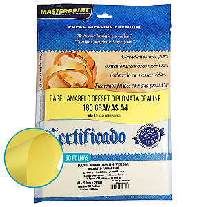 PAPEL ESPECIAL PREMIUM DIPLOMATA OPALINE LISO AMARELO A4 180G 50 FOLHAS MASTERPRINT