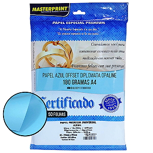 PAPEL ESPECIAL PREMIUM DIPLOMATA OPALINE LISO AZUL A4 180G 50 FOLHAS MASTERPRINT