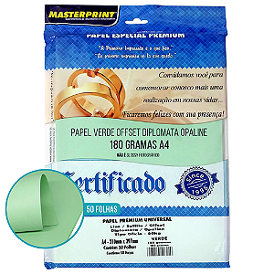 PAPEL ESPECIAL PREMIUM DIPLOMATA OPALINE LISO VERDE A4 180G 50 FOLHAS MASTERPRINT