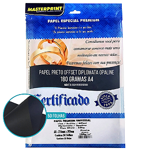 PAPEL ESPECIAL PREMIUM DIPLOMATA OPALINE LISO PRETO A4 180G 50 FOLHAS MASTERPRINT