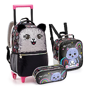 KIT MOCHILA DE RODINHAS COM LANCHEIRA E ESTOJO SO CUTE GATINHO SEANITE