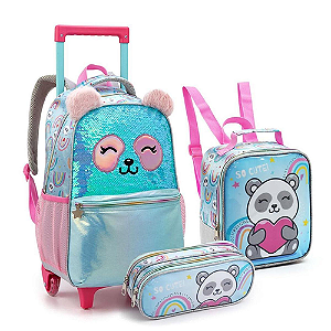 KIT MOCHILA DE RODINHAS COM LANCHEIRA E ESTOJO SO CUTE PANDA SEANITE