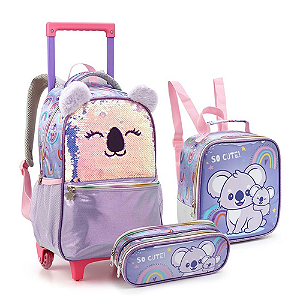 KIT MOCHILA DE RODINHAS COM LANCHEIRA E ESTOJO SO CUTE COALA SEANITE