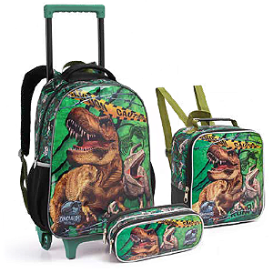 KIT MOCHILA DE RODINHAS COM LANCHEIRA E ESTOJO DINOSSAURS SEANITE