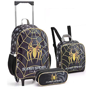 KIT MOCHILA DE RODINHAS COM LANCHEIRA E ESTOJO SUPER SPIDER PRETO SEANITE