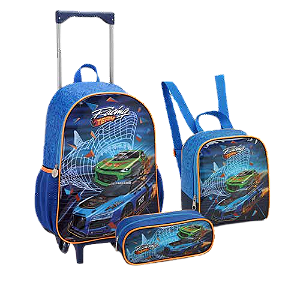 KIT MOCHILA DE RODINHAS COM LANCHEIRA E ESTOJO RACING TEAM SEANITE