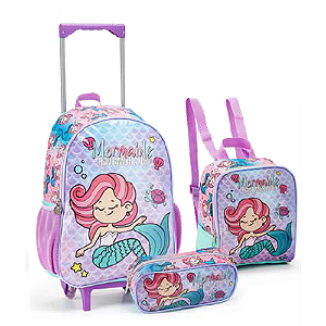 KIT MOCHILA DE RODINHAS COM LANCHEIRA E ESTOJO MERMAIDS SEANITE
