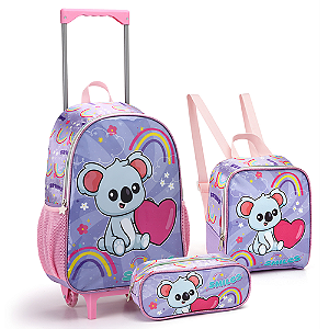 KIT MOCHILA DE RODINHAS COM LANCHEIRA E ESTOJO SMILES COALA SEANITE