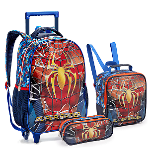 KIT MOCHILA DE RODINHAS COM LANCHEIRA E ESTOJO SUPER SPIDER AZUL SEANITE