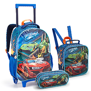 KIT MOCHILA DE RODINHAS COM LANCHEIRA E ESTOJO NOVO RACING TEAM SEANITE