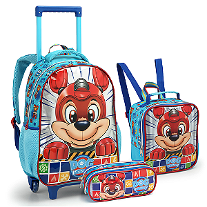 KIT MOCHILA DE RODINHAS COM LANCHEIRA E ESTOJO DOG HEROES AZUL SEANITE