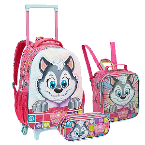 KIT MOCHILA DE RODINHAS COM LANCHEIRA E ESTOJO DOG HEROES ROSA SEANITE