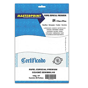 PAPEL ESPECIAL PREMIUM COUCHE SEMI BRILHO A4 160G 50 FOLHAS MASTERPRINT