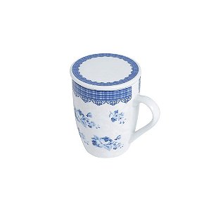 Caneca de Porcelana c/ tampa e filtro - Azul/branca - 310ml